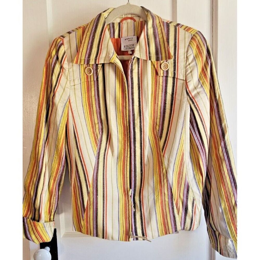 A-K-R-I-S punto BERGDORF GOODMAN striped 100% silk full zip‎ jacket US 12